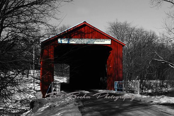 Red Covered Bridge in Black & White